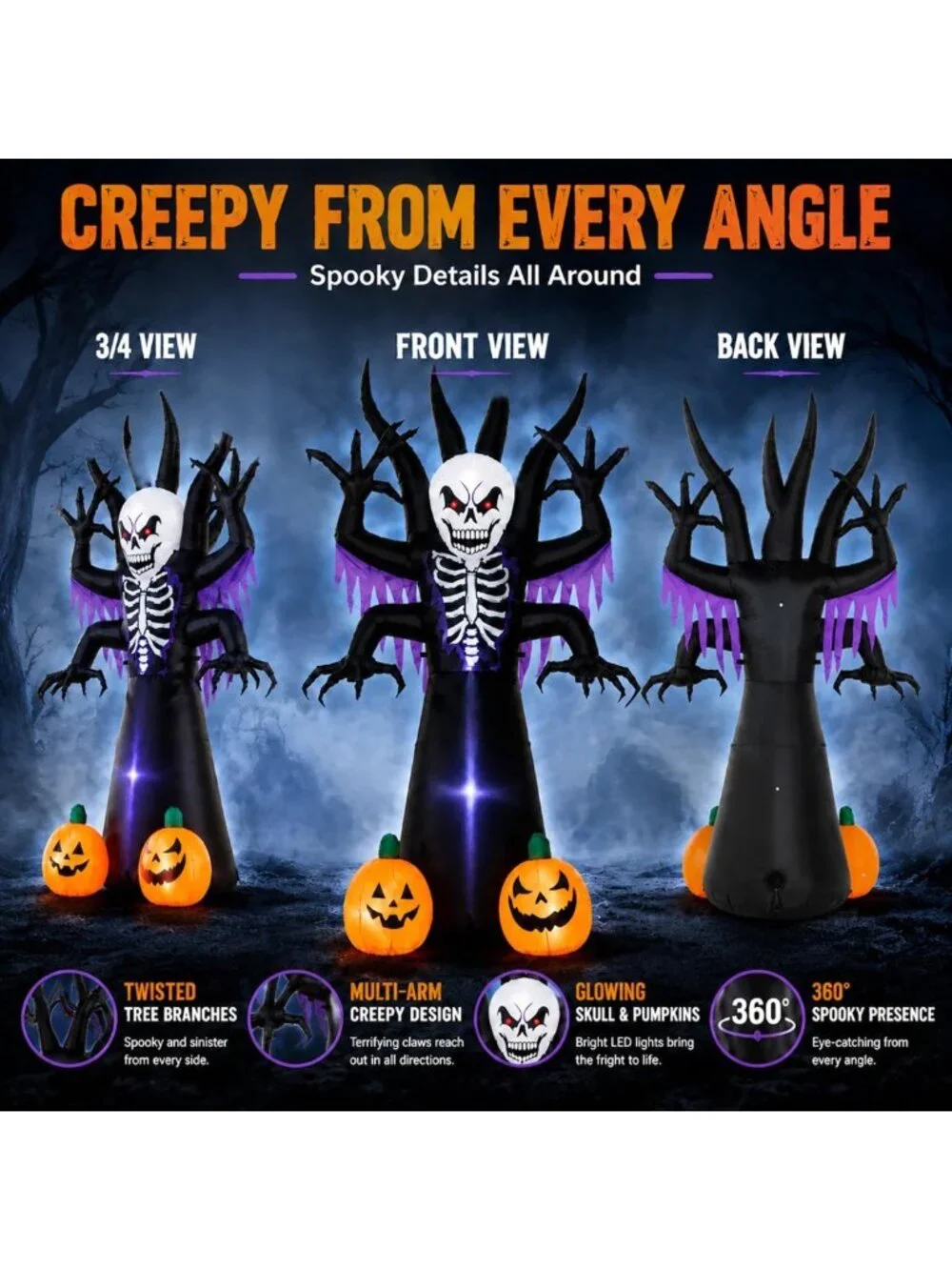 8FT Inflatable Halloween Skeleton Tree Grim Reaper Yard Decor with LED Lights